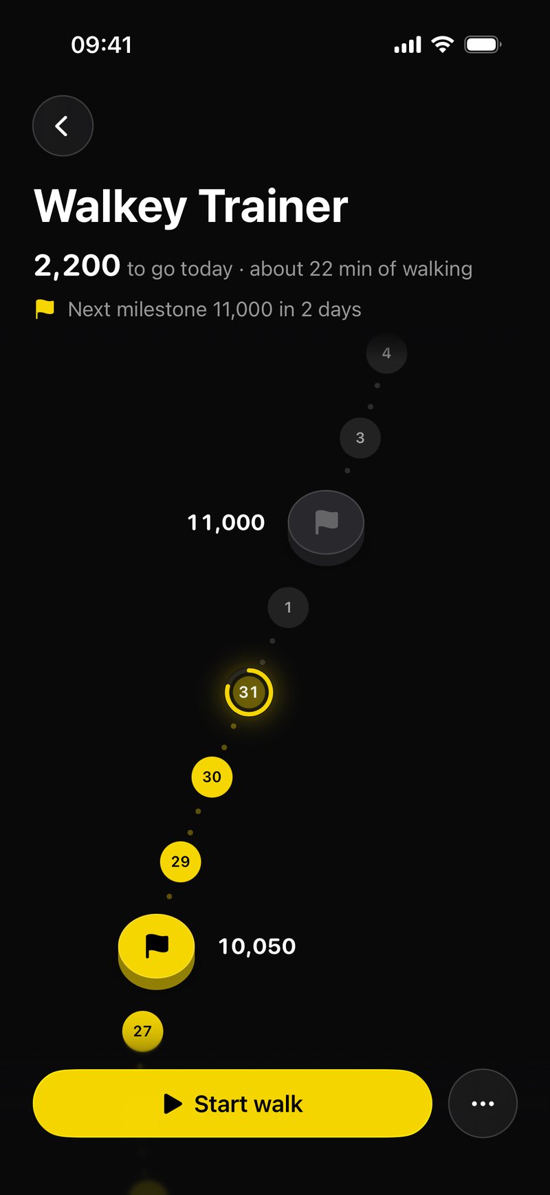 The Walkey Trainer page: a path of days leading to the next milestone.