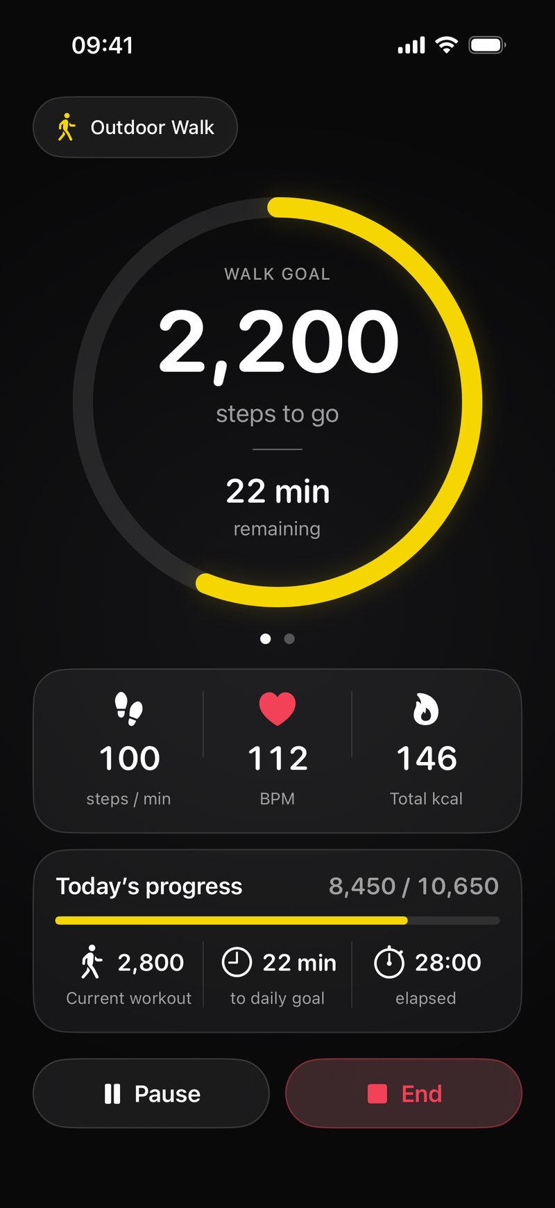 A walk in progress: 2,200 steps to go and 22 minutes remaining.